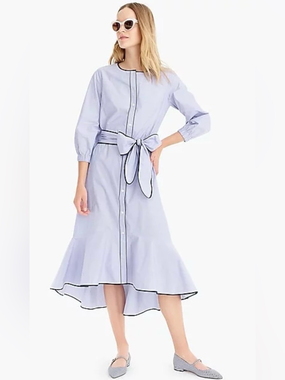 J. Crew Light Blue Long-Sleeve Shirt Dress with Navy Trim